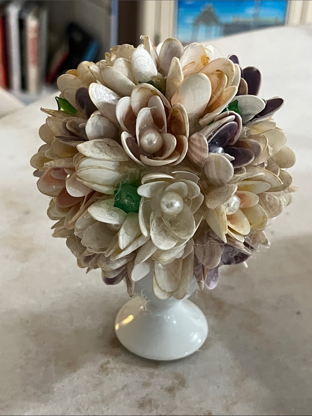 Handcrafted Shell Flower Topiary in Cream, Purple & Pink Faux Pearls